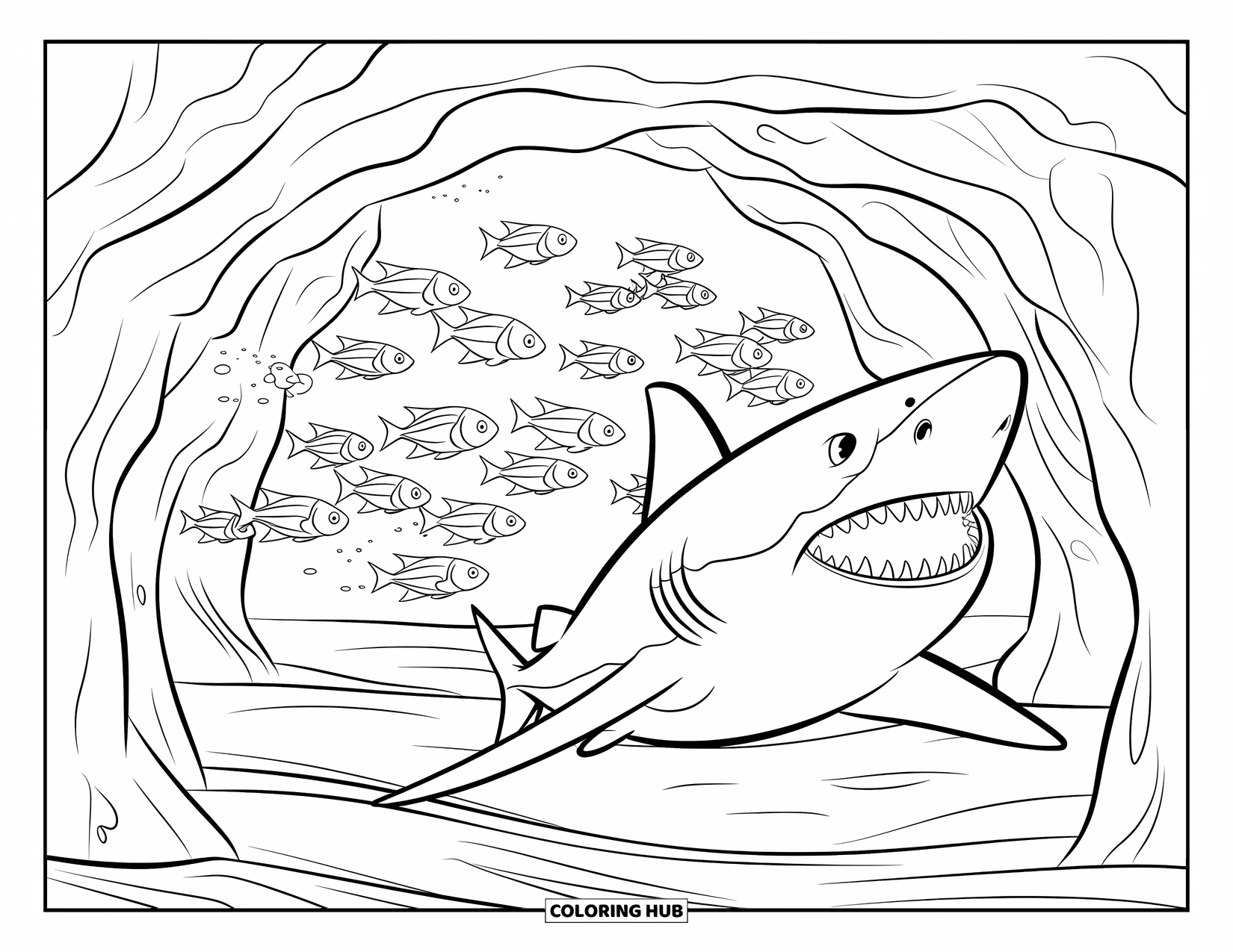Tiger Shark Coloring Page for Kids: Tiger shark near a reef cave entrance surrounded by many fish