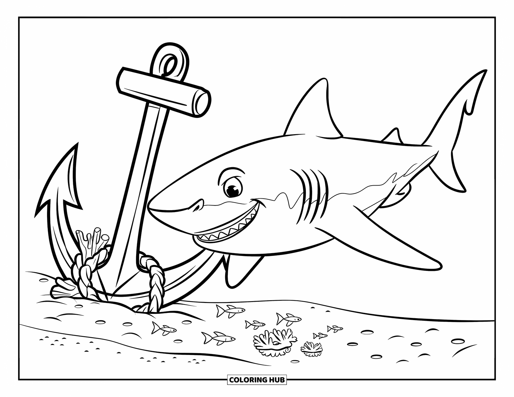 Tiger Shark Coloring Page for Kids: Tiger shark near a sunken anchor and coral patch