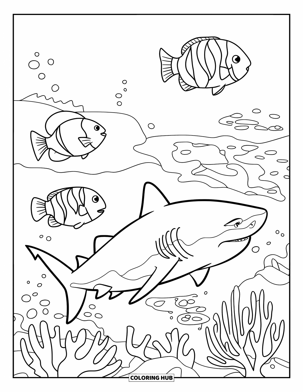 Tiger Shark Coloring Page for Kids: Tiger shark near simple coral reef with three big fish