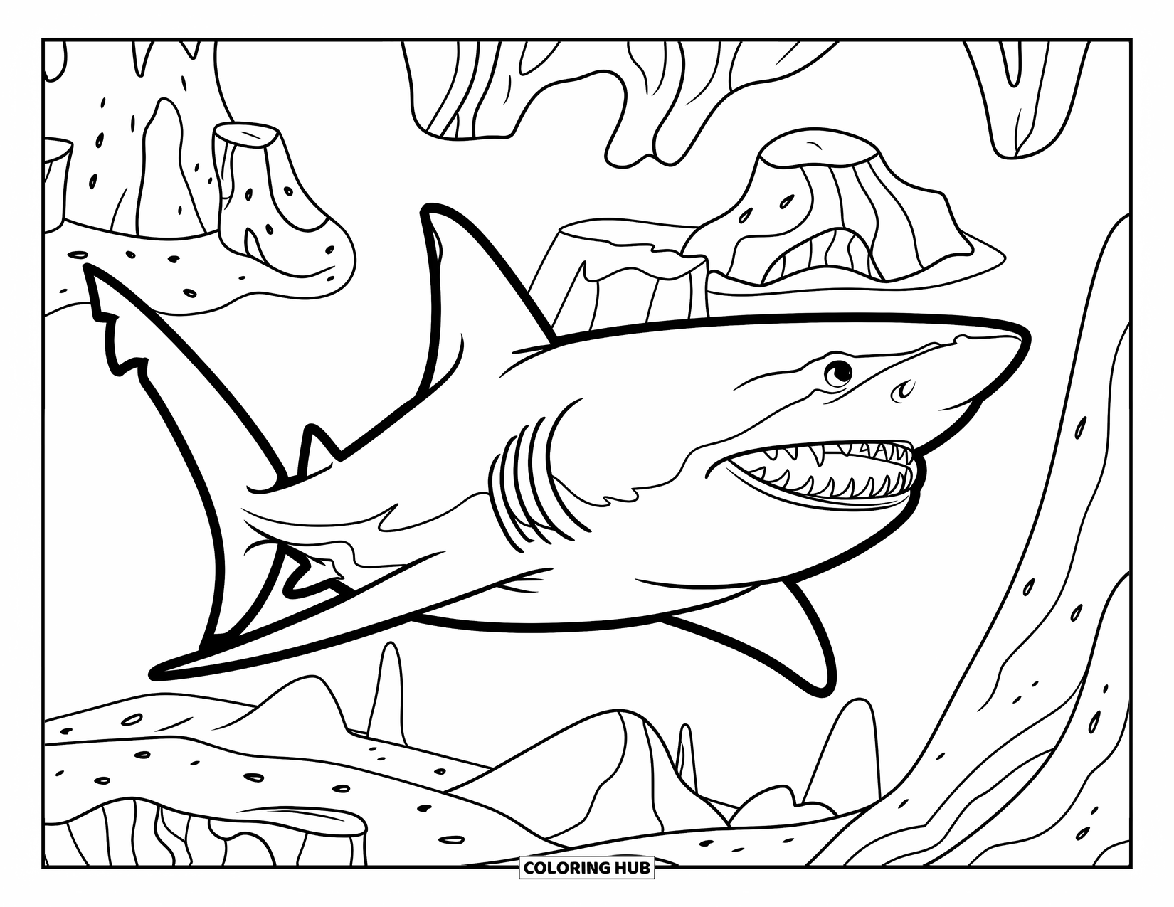 Tiger Shark Coloring Page for Kids: Tiger shark near volcanic rocks with small caves