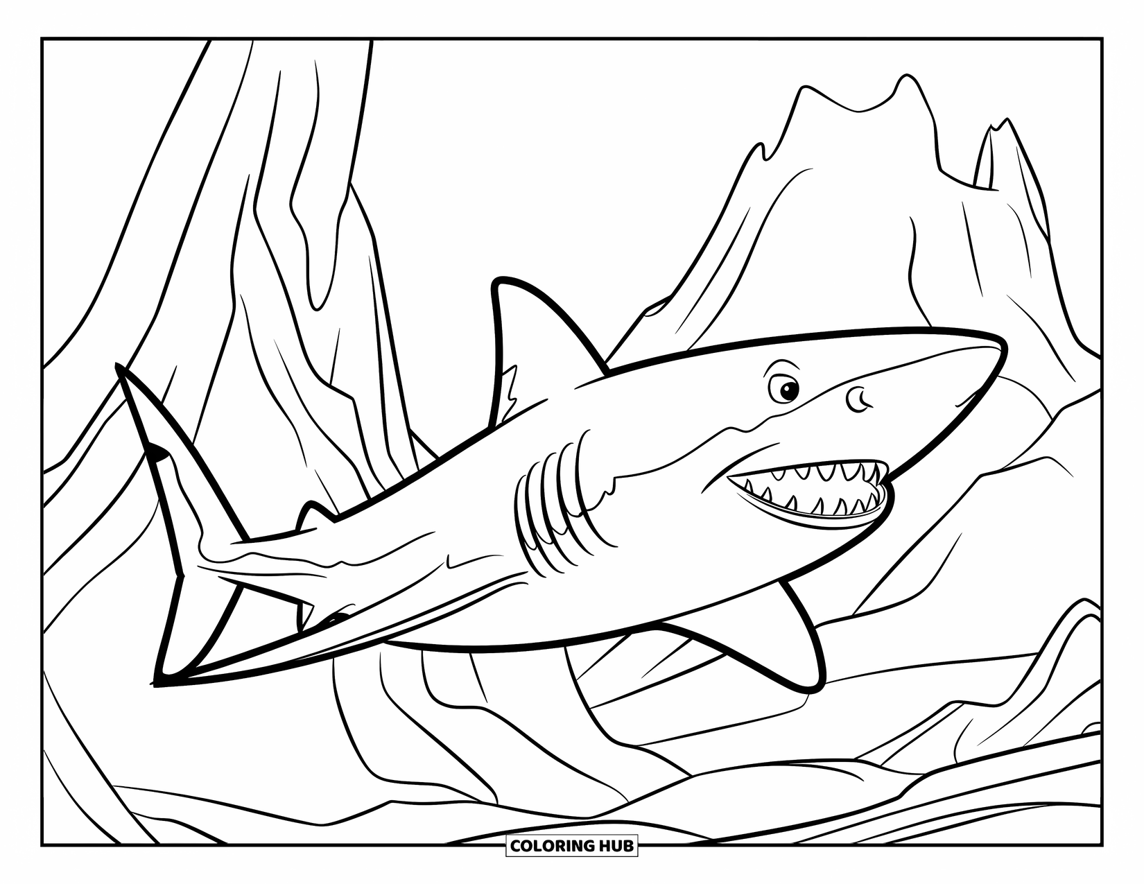 Tiger Shark Coloring Page for Kids: Tiger shark passing jagged volcanic rock formations