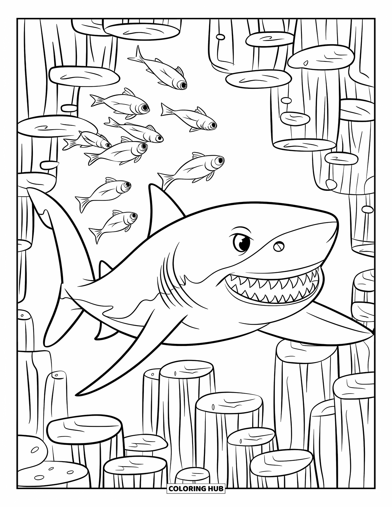 Tiger Shark Coloring Page for Kids: Tiger shark pursuing fish in a coral pillar maze