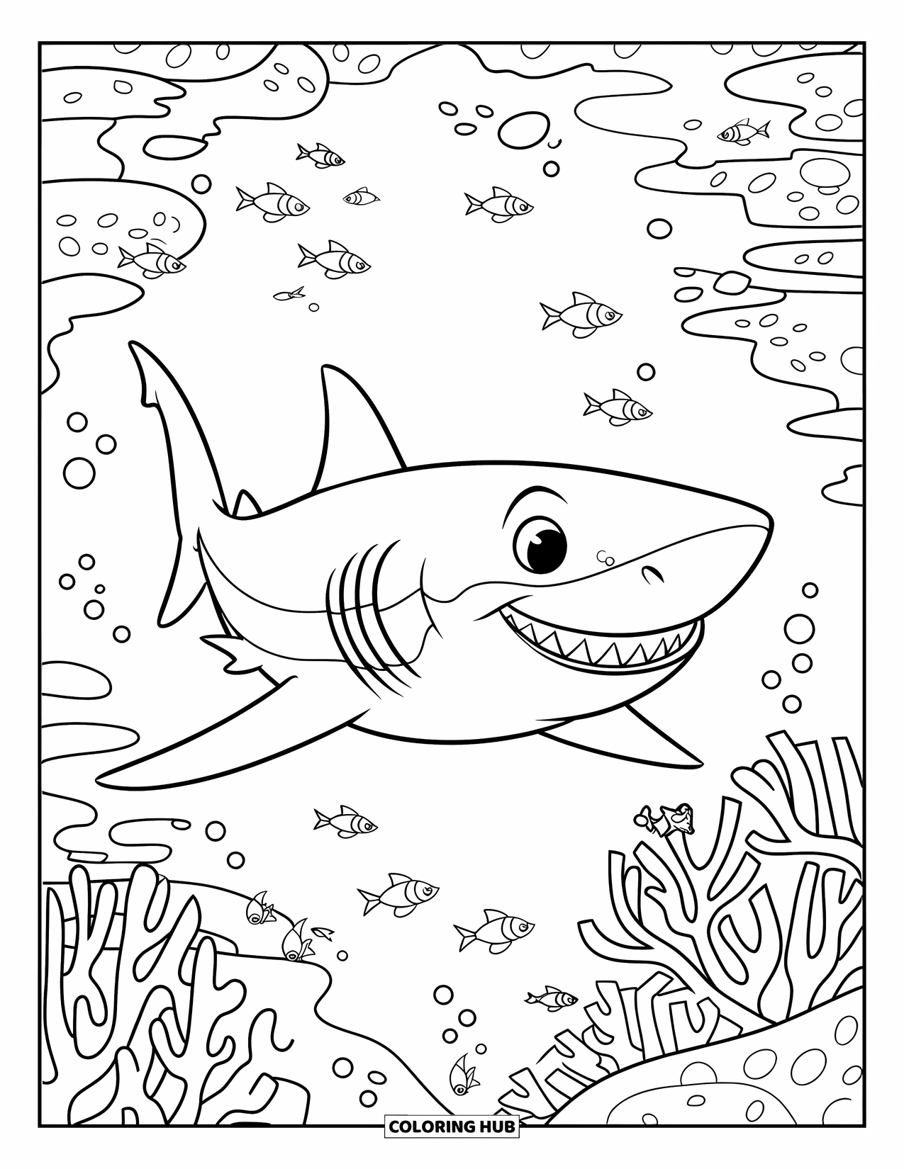 Tiger Shark Coloring Page for Kids: Tiger shark smiling while moving through coral reef