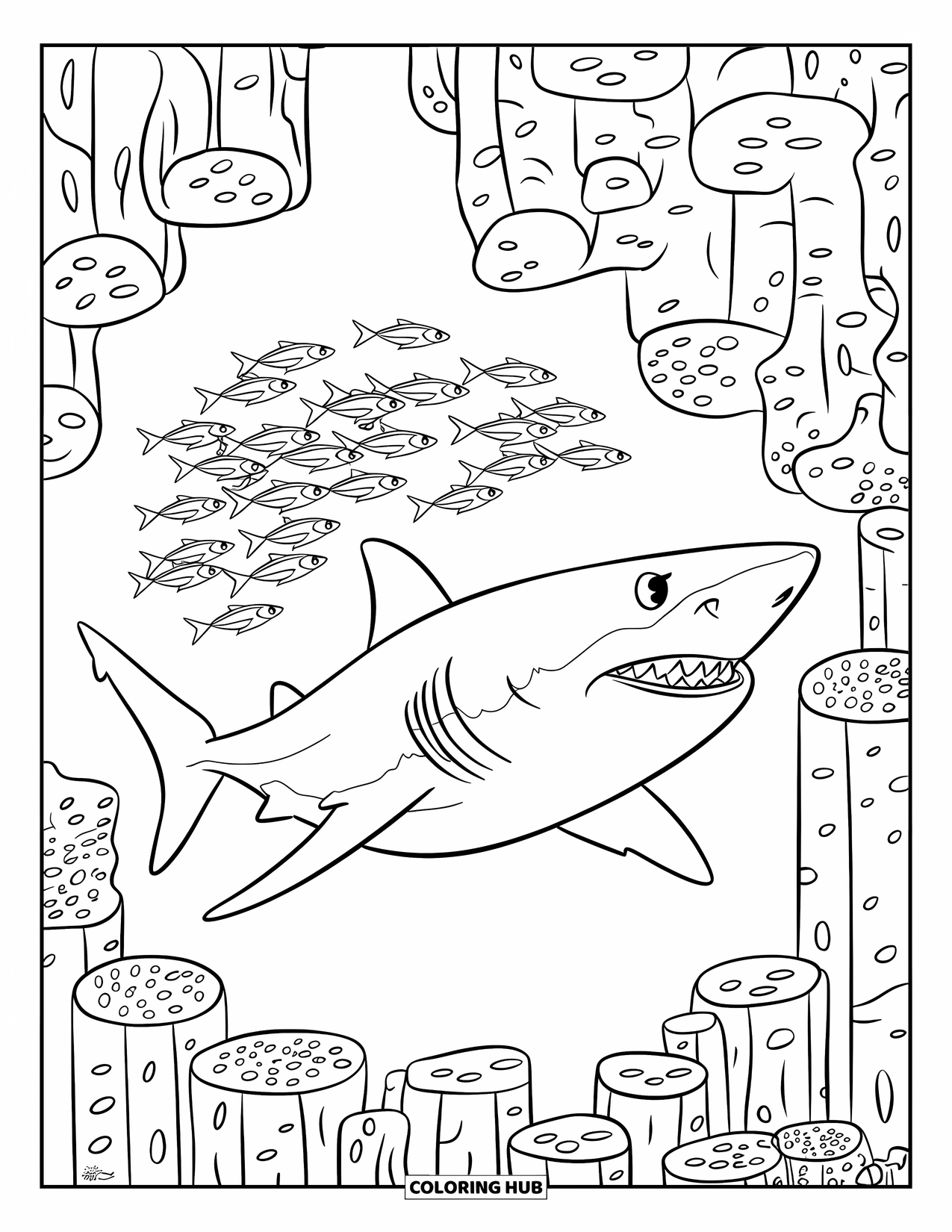 Tiger Shark Coloring Page for Kids: Tiger shark speeding after fish between detailed coral pillars