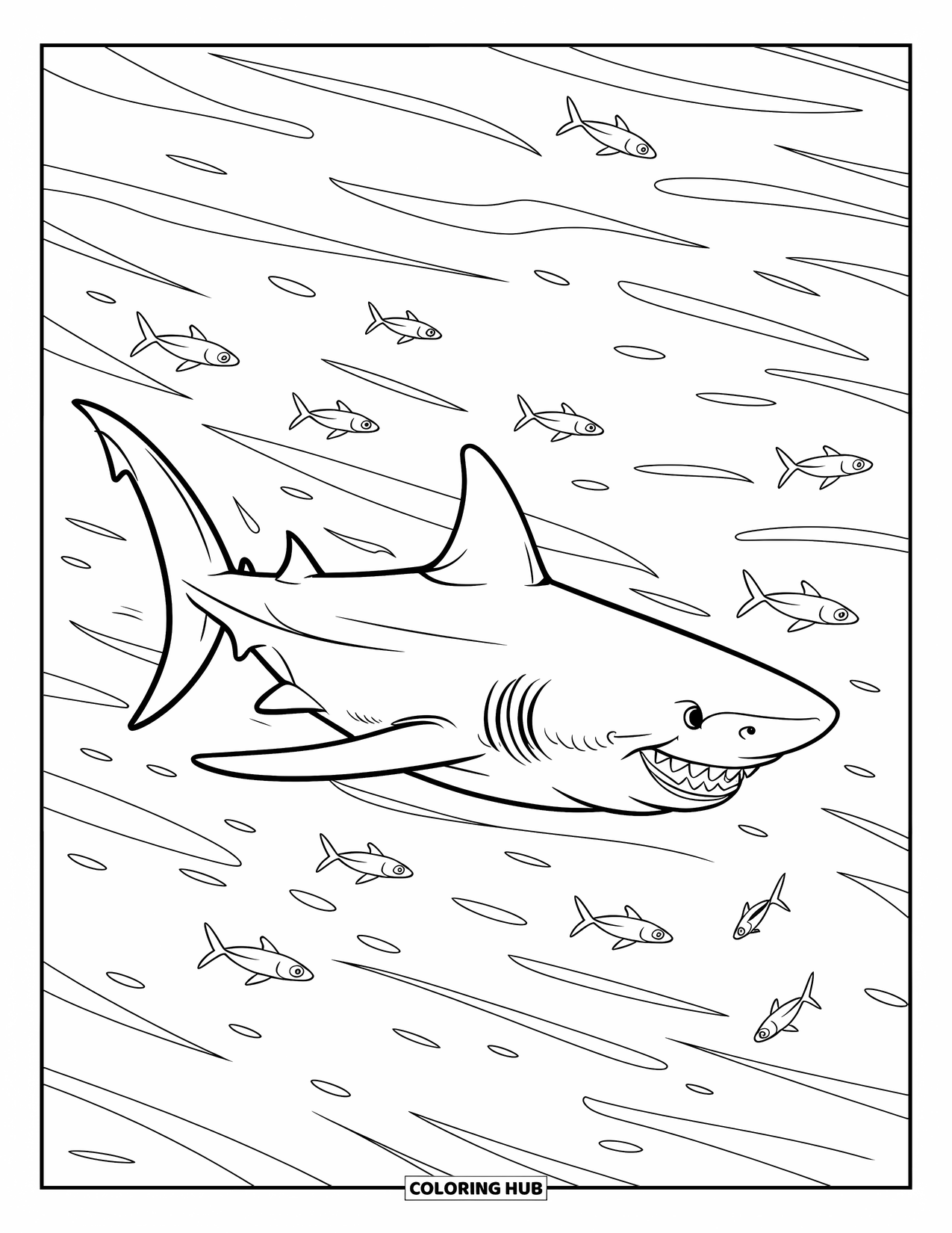 Tiger Shark Coloring Page for Kids: Tiger shark swimming with small fish in gentle waves
