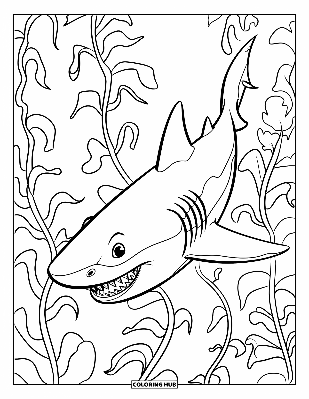 Tiger Shark Coloring Page for Kids: Tiger shark weaving between tall kelp plants