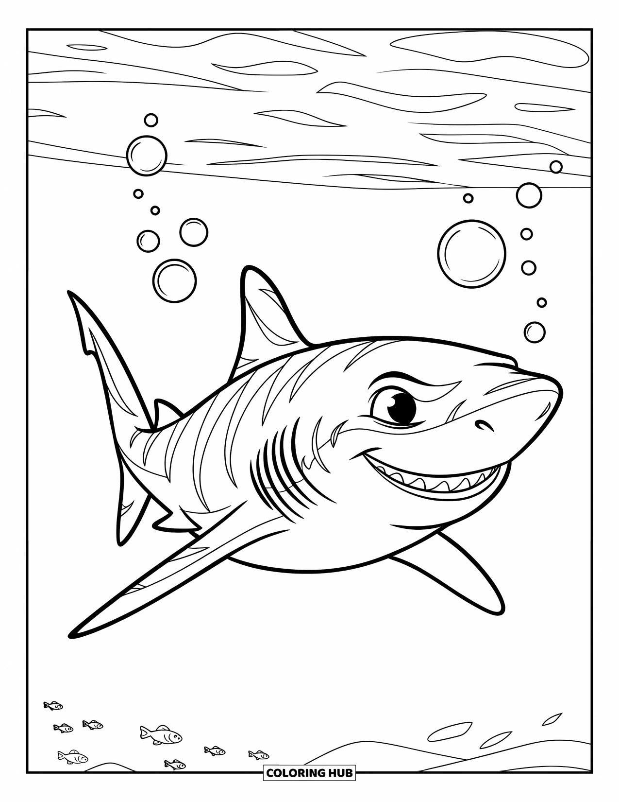 Tiger Shark Coloring Page for Kids: Tiger shark with small fish in open ocean and bubbles