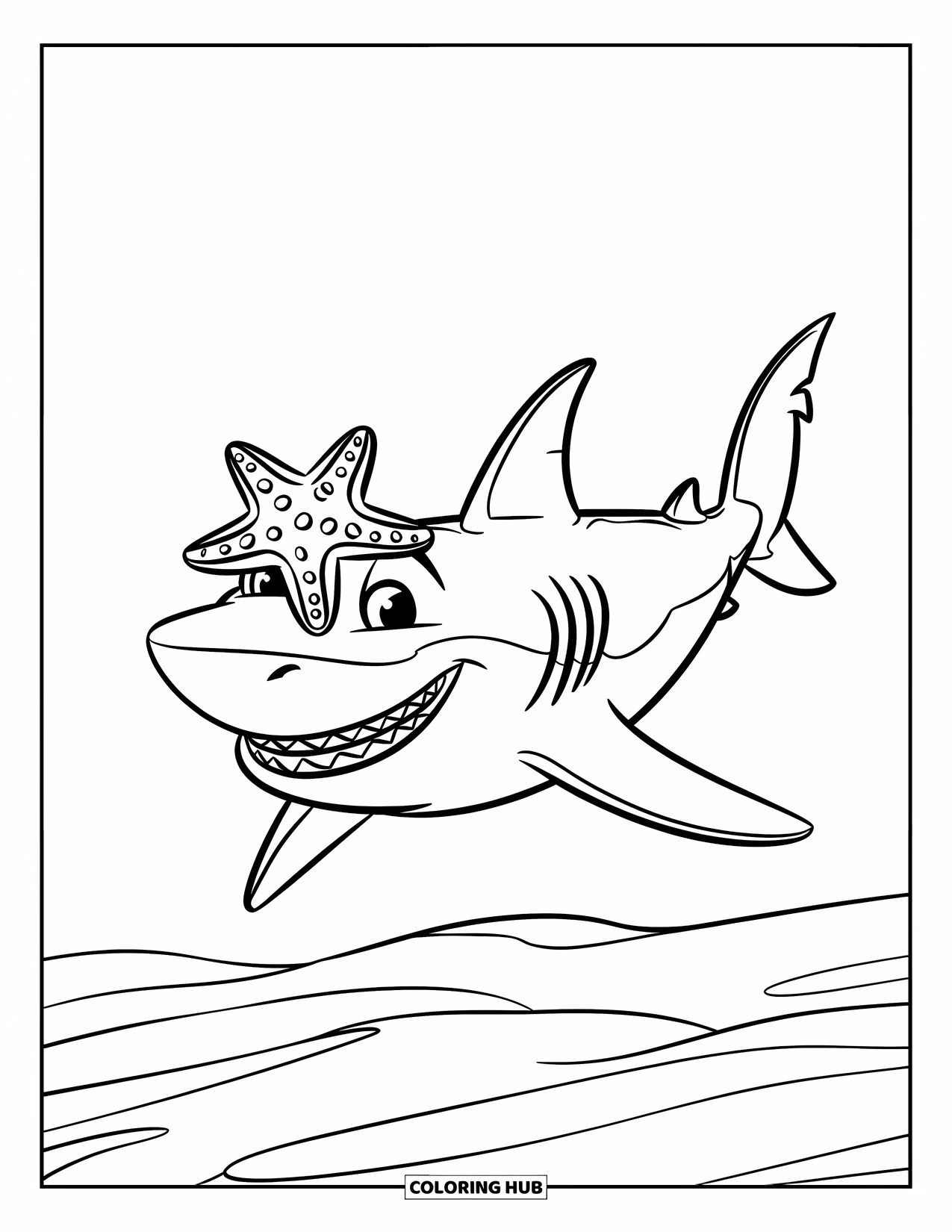 Tiger Shark Coloring Page for Kids: Tiger shark with starfish resting on its nose