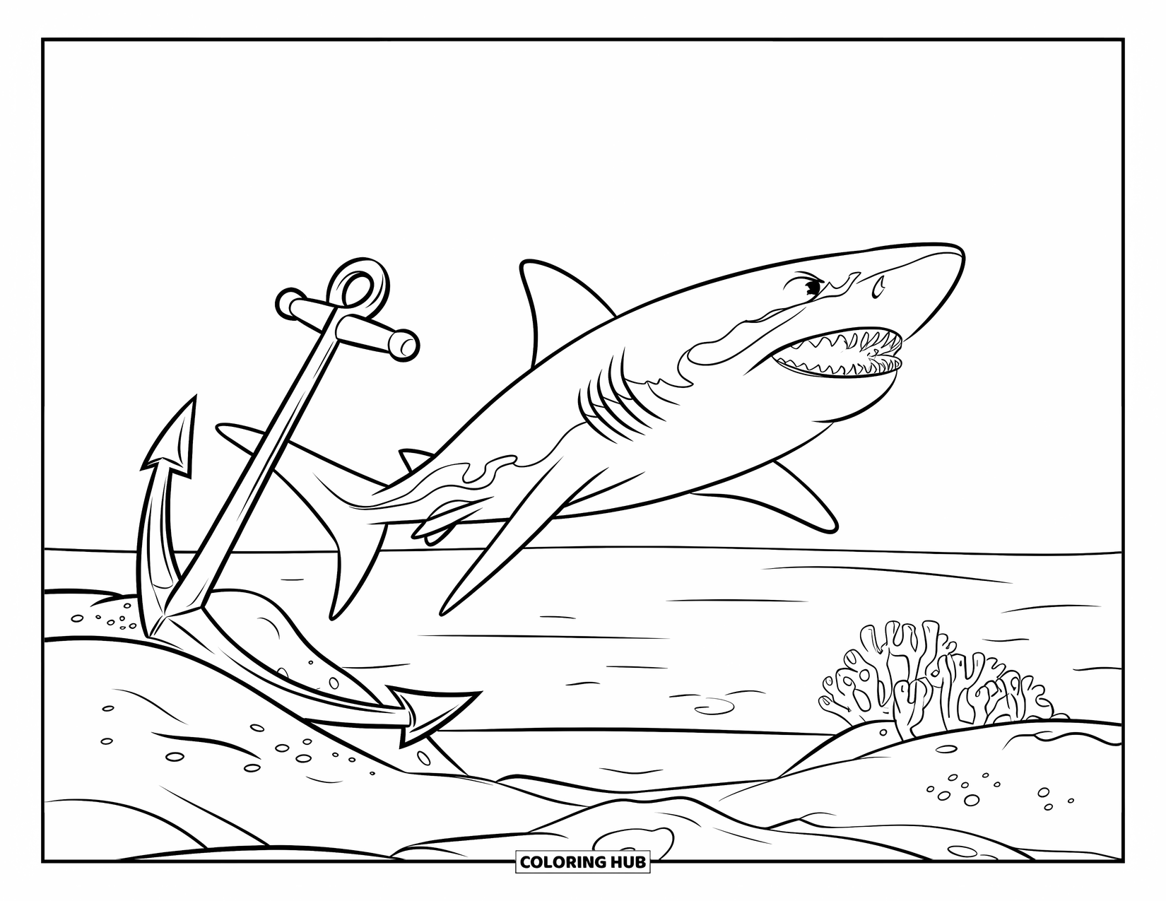Tiger Shark Coloring Page for Kids: Tiger shark with teeth showing near anchor and coral