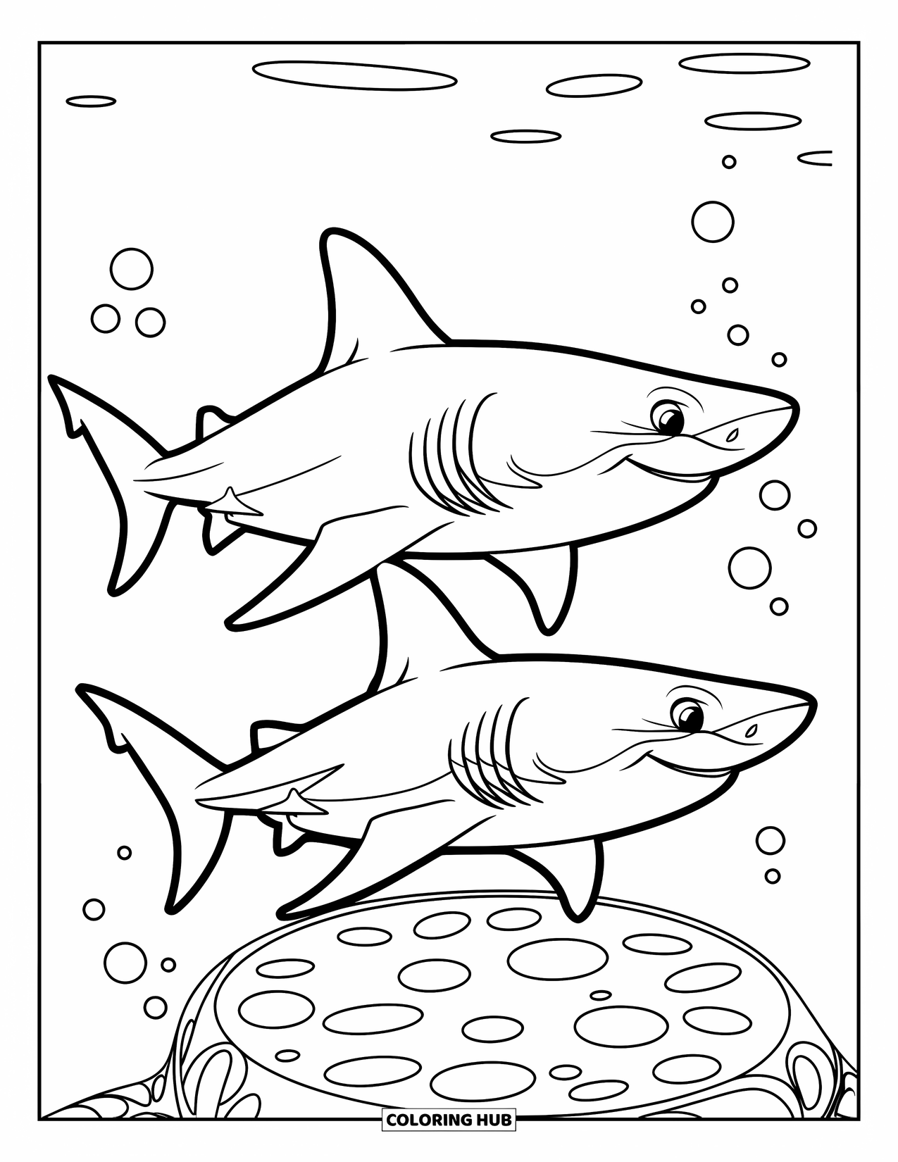 Tiger Shark Coloring Page for Kids: Two tiger sharks above a dotted circular reef