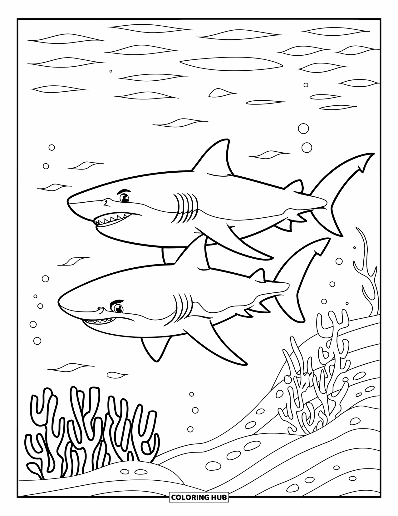 Tiger Shark Coloring Page for Kids: Two tiger sharks near a reef with ocean plants