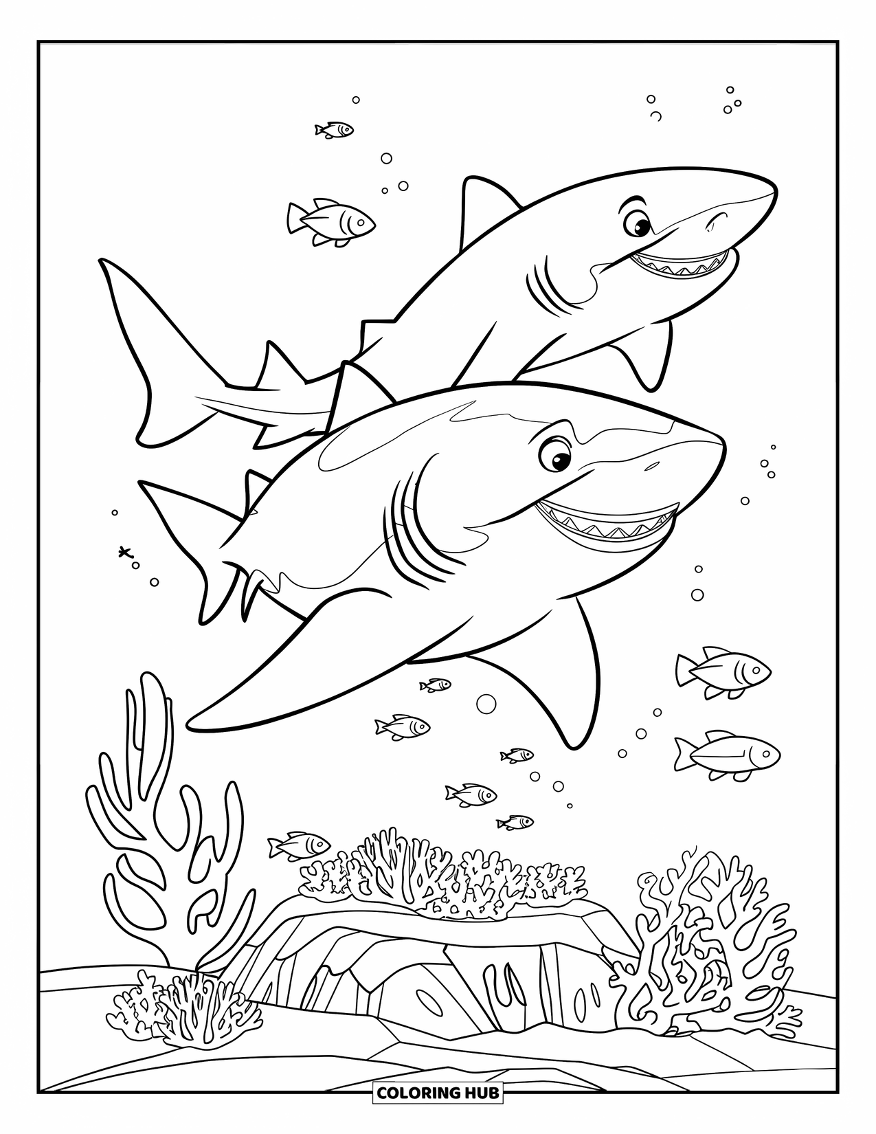 Tiger Shark Coloring Page for Kids: Two tiger sharks over coral reef with fish and seaweed
