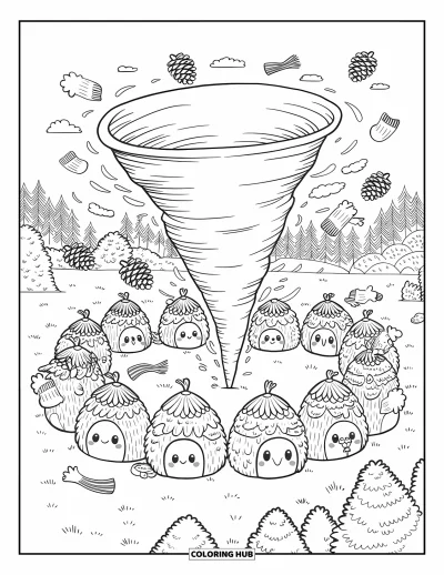 Tornado Coloring Page for Adults: A cozy tornado dances through an acorn village, lifting pinecones and warming forest friends