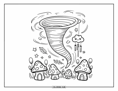 Tornado Coloring Page for Adults: A cute tornado floats past mushroom homes, carrying stars, leaves, and a smiling wind chime