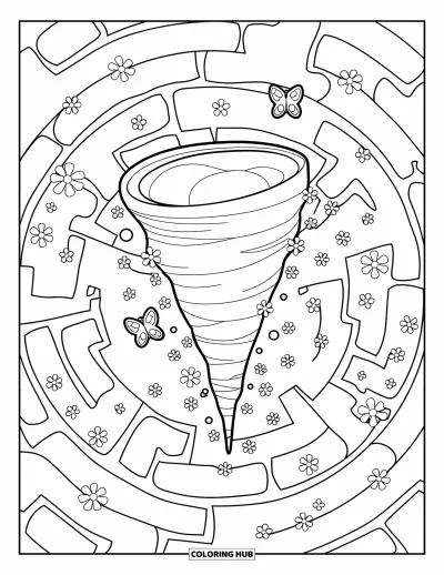 Tornado Coloring Page for Adults: A cute tornado rests in a garden maze, surrounded by petals, butterflies, and soft vines