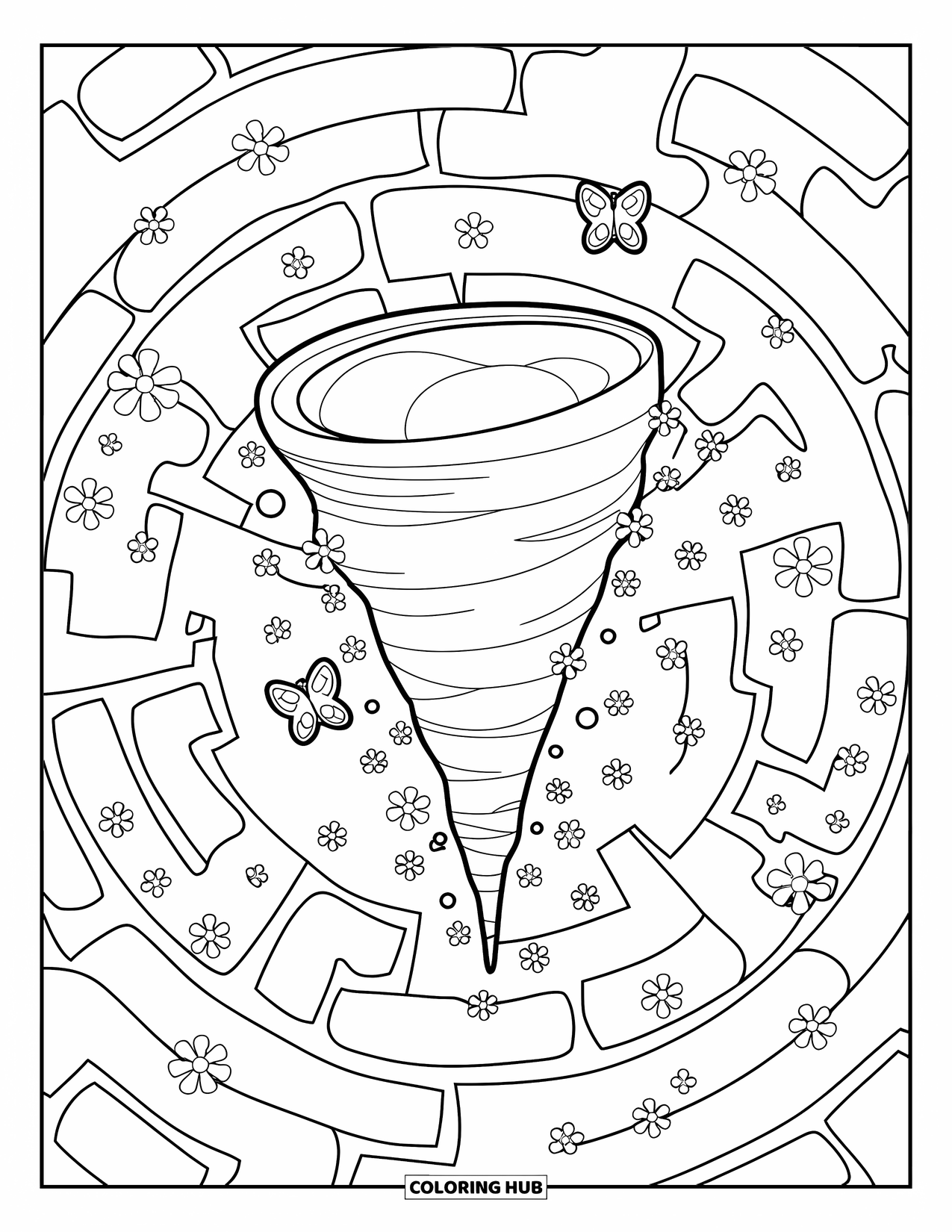 Tornado Coloring Page for Adults: A cute tornado rests in a garden maze, surrounded by petals, butterflies, and soft vines