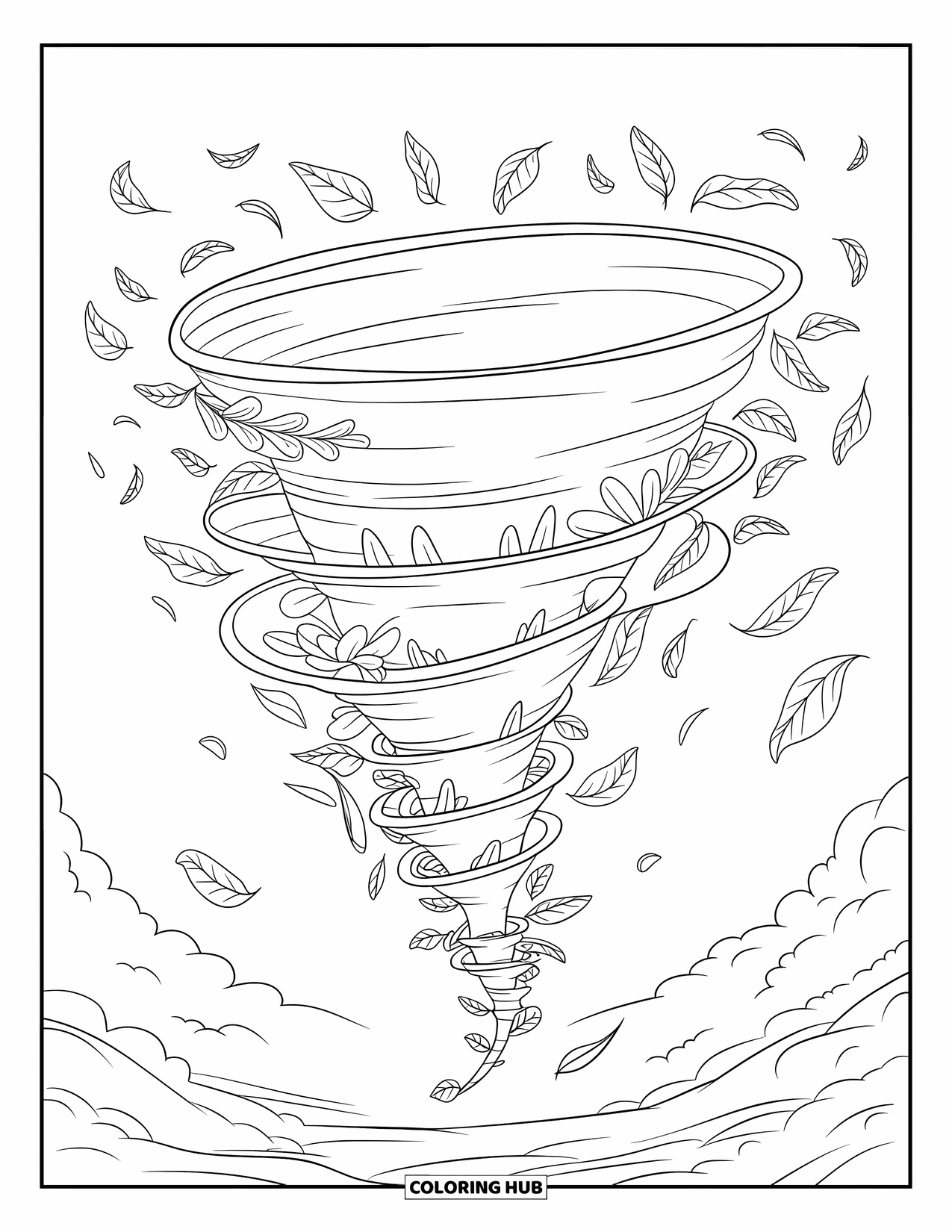 Tornado Coloring Page for Adults: A floral tornado spirals upward with petals, vines, and gently floating leaves