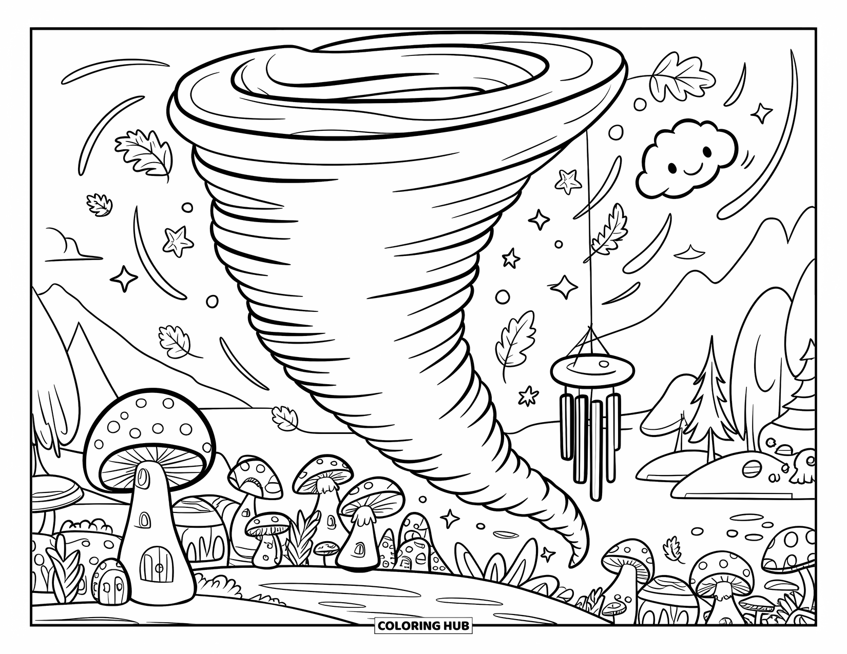 Tornado Coloring Page for Adults: A gentle tornado drifts through a forest village, lifting stars and a smiling wind chime
