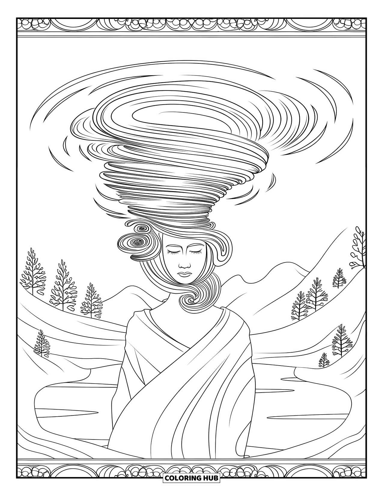 Tornado Coloring Page for Adults: A goddess with flowing hair creates a symbolic tornado above a calm mountain lake