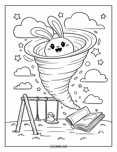 Tornado Coloring Page for Adults: A happy tornado with bunny ears floats above a playground, lifting toys and a storybook