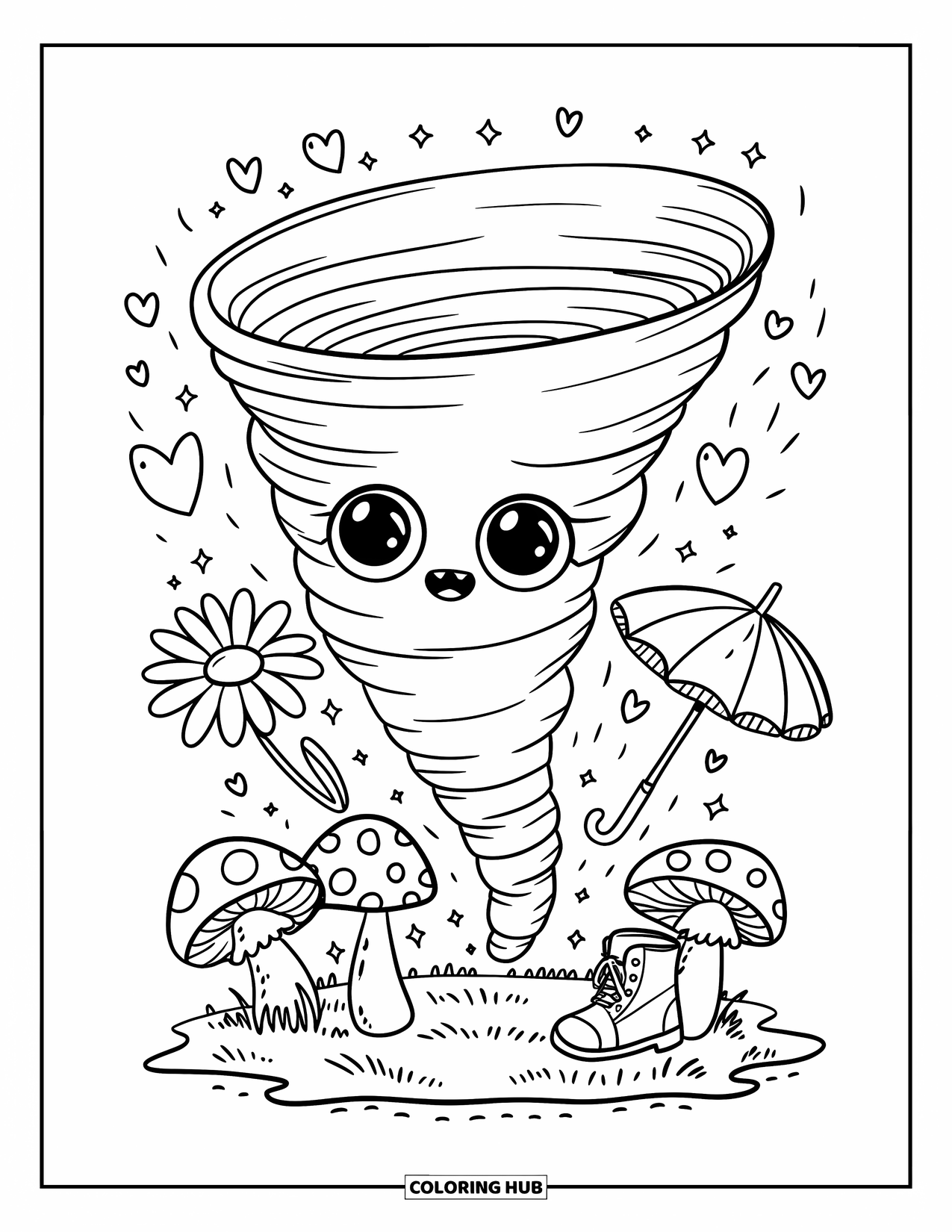 Tornado Coloring Page for Adults: A smiling tornado gently lifts boots and flowers while spinning over a patch of mushrooms