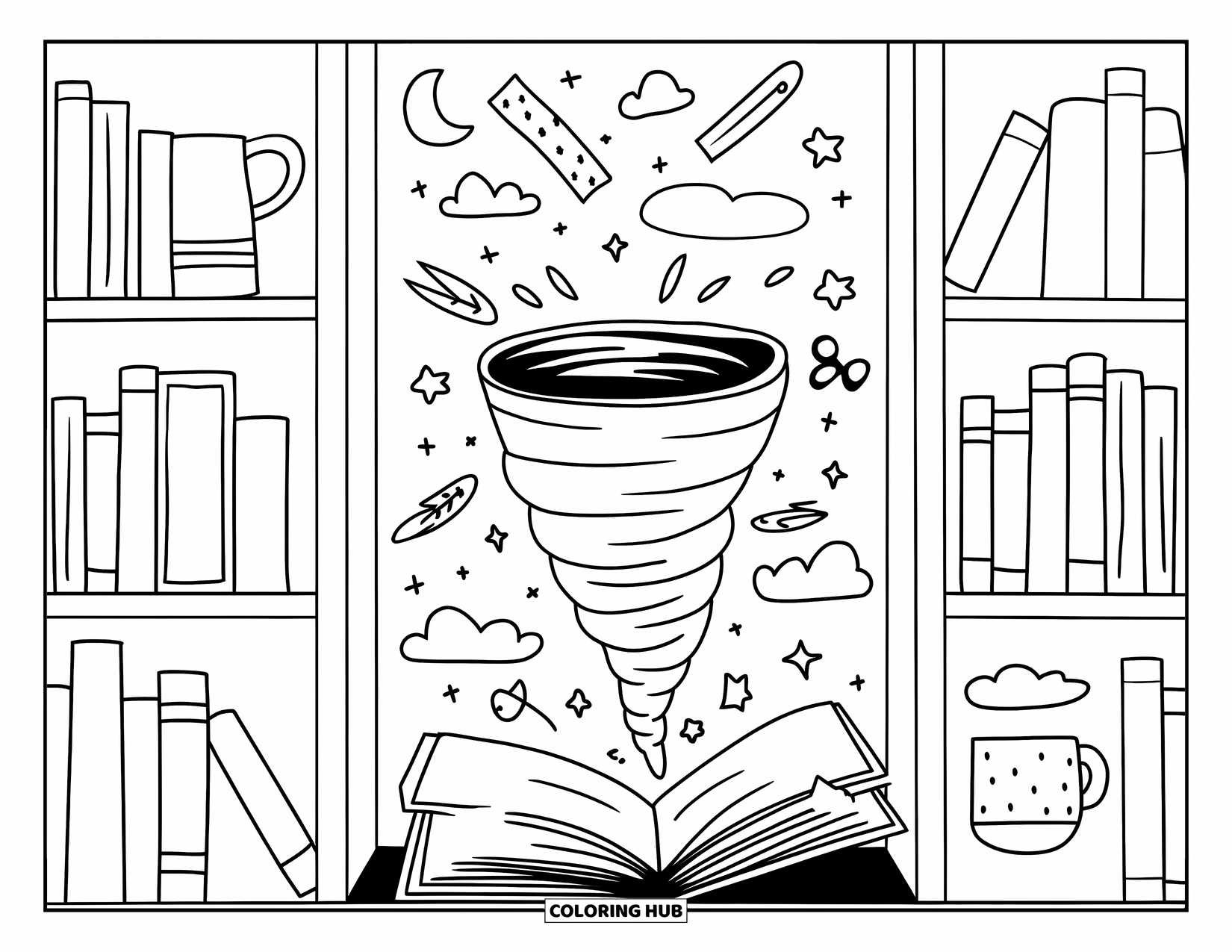 Tornado Coloring Page for Adults: A soft tornado spins through a cozy nook, lifting bookmarks, stars, and dreamy thought bubbles