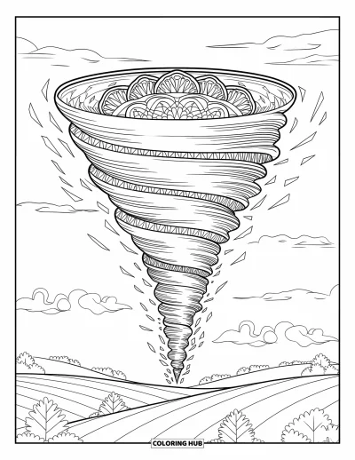 Tornado Coloring Page for Adults: A spiraling tornado filled with mandala patterns rises above hills and scattered trees