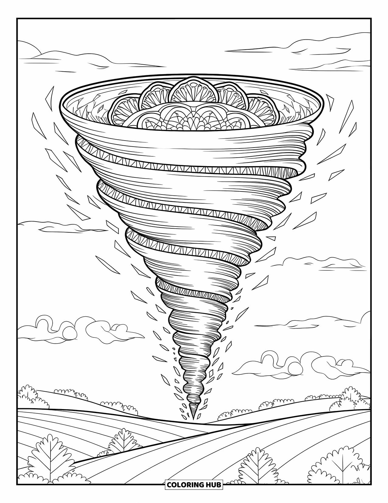 Tornado Coloring Page for Adults: A spiraling tornado filled with mandala patterns rises above hills and scattered trees