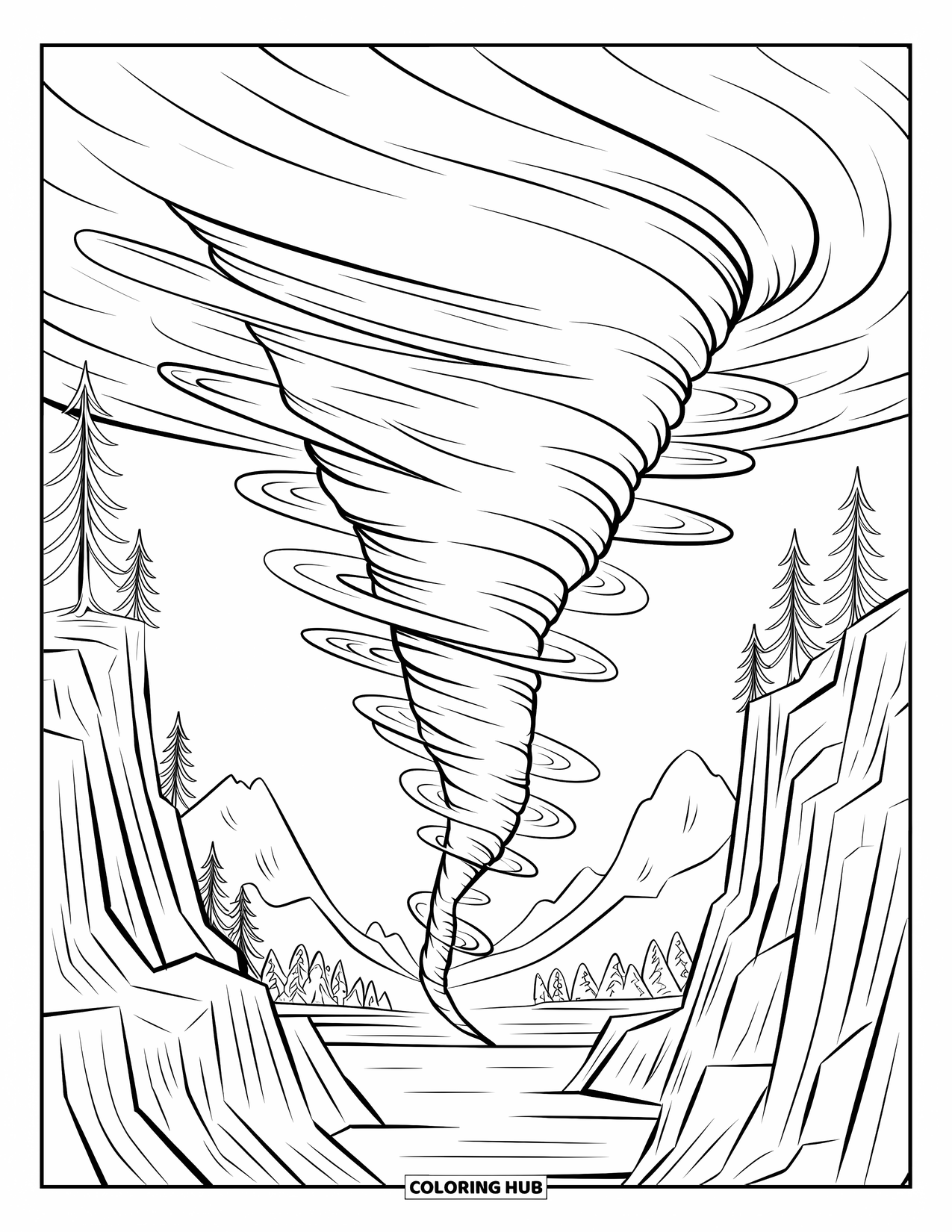 Tornado Coloring Page for Adults: A stylized tornado twists between cliffs with swirling wind and rocky details all around