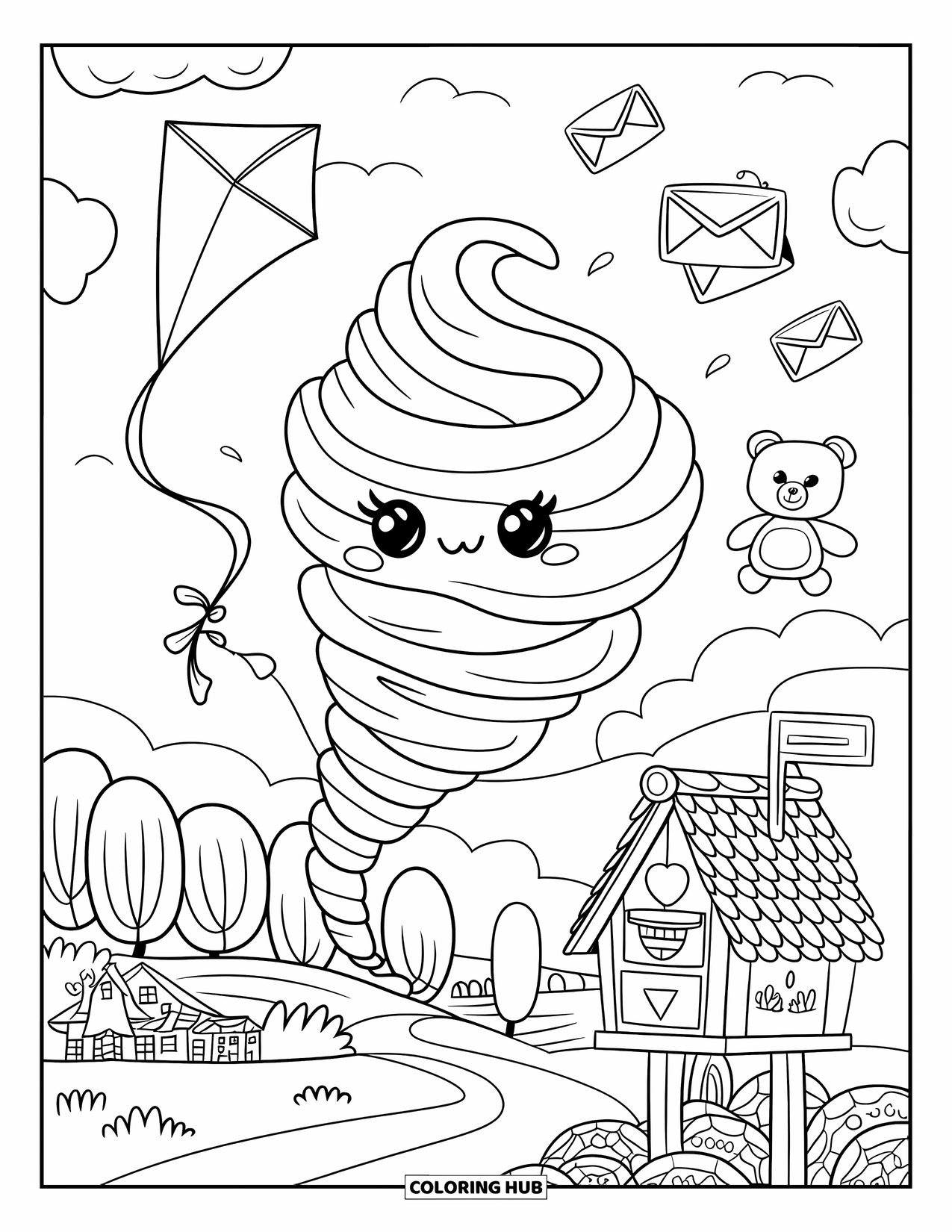 Tornado Coloring Page for Adults: A swirl-shaped tornado floats by houses and trees, lifting mail, a kite, and a teddy bear