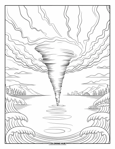 Tornado Coloring Page for Adults: A swirling tornado rises above ocean waves and distant mountains with soft, balanced clouds