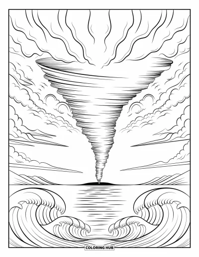 Tornado Coloring Page for Adults: A tornado forms in the distance over an ocean filled with flowing wave patterns