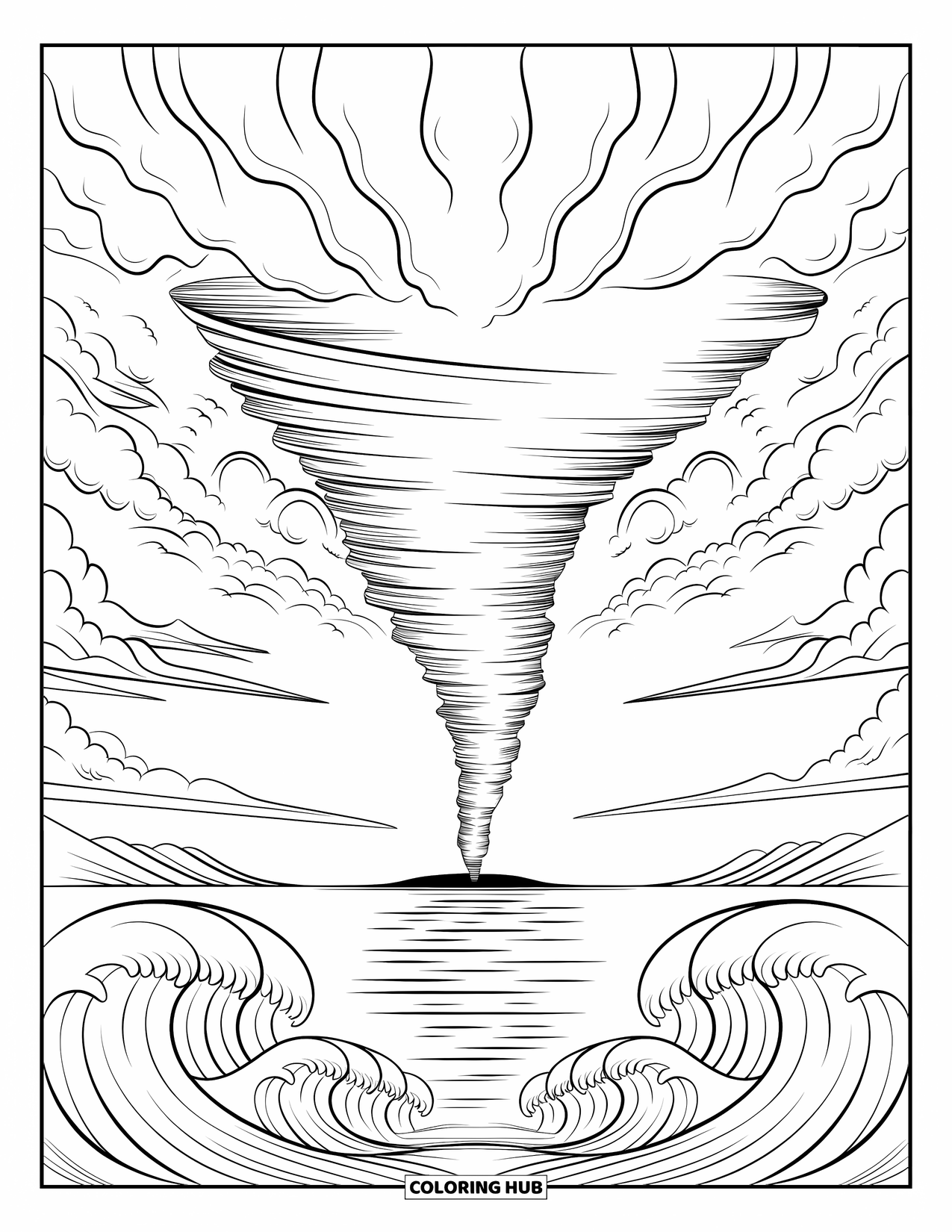 Tornado Coloring Page for Adults: A tornado forms in the distance over an ocean filled with flowing wave patterns