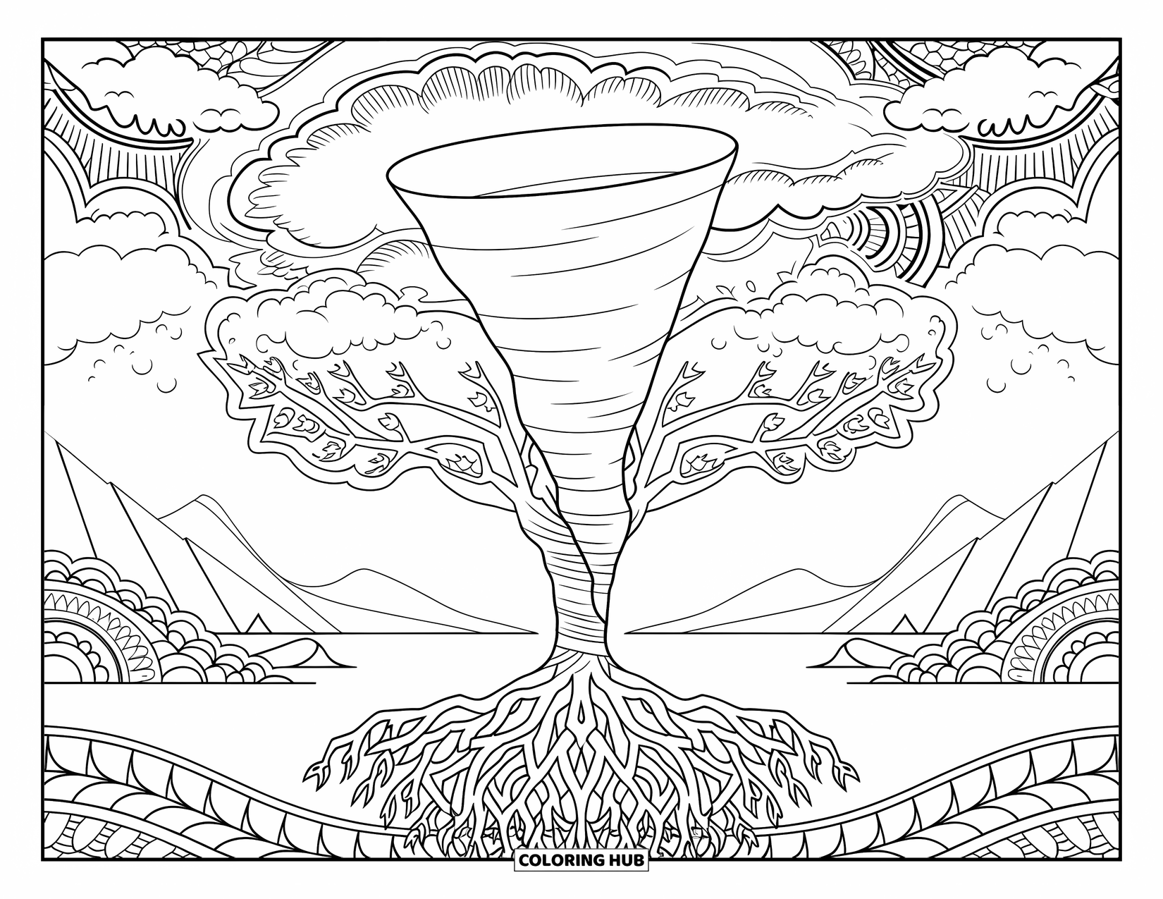 Tornado Coloring Page for Adults: A tornado forms into a tree of life surrounded by peaceful waters and stormy clouds