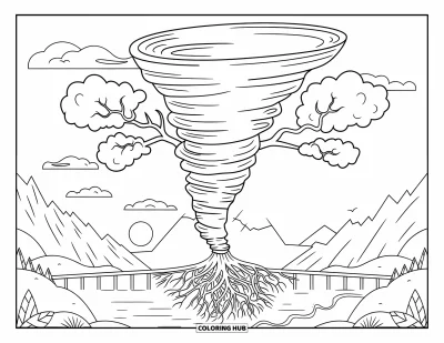 Tornado Coloring Page for Adults: A tornado grows into a tree of life with cloudy branches and a glowing sunset backdrop