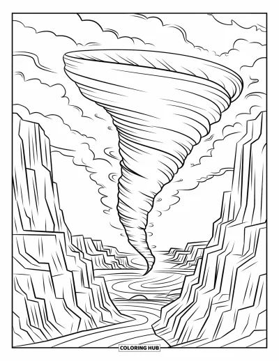 Tornado Coloring Page for Adults: A tornado spins between cliffs surrounded by textured rock and a wide, open landscape