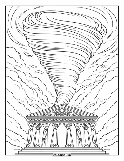 Tornado Coloring Page for Adults: A tornado swirls above a temple with detailed symbols and ornate clouds surrounding it