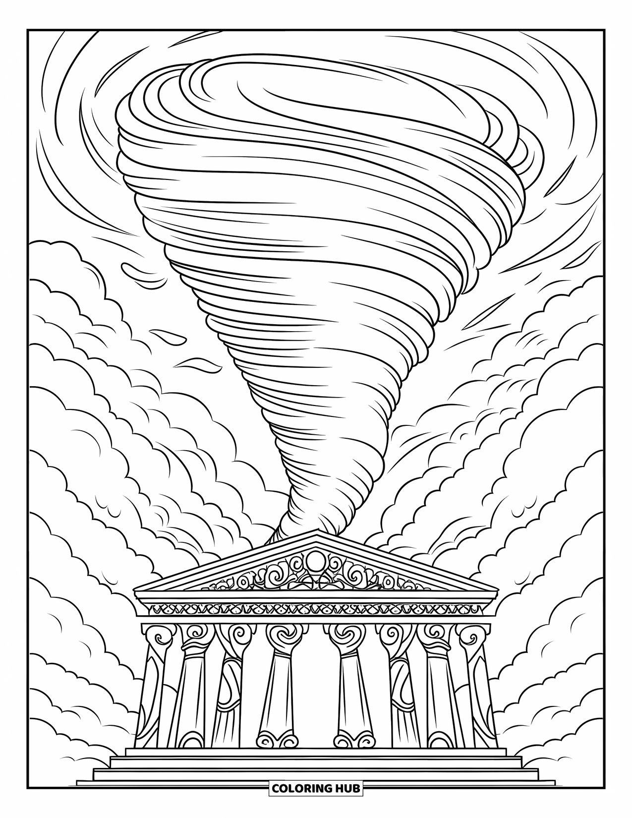 Tornado Coloring Page for Adults: A tornado swirls above a temple with detailed symbols and ornate clouds surrounding it