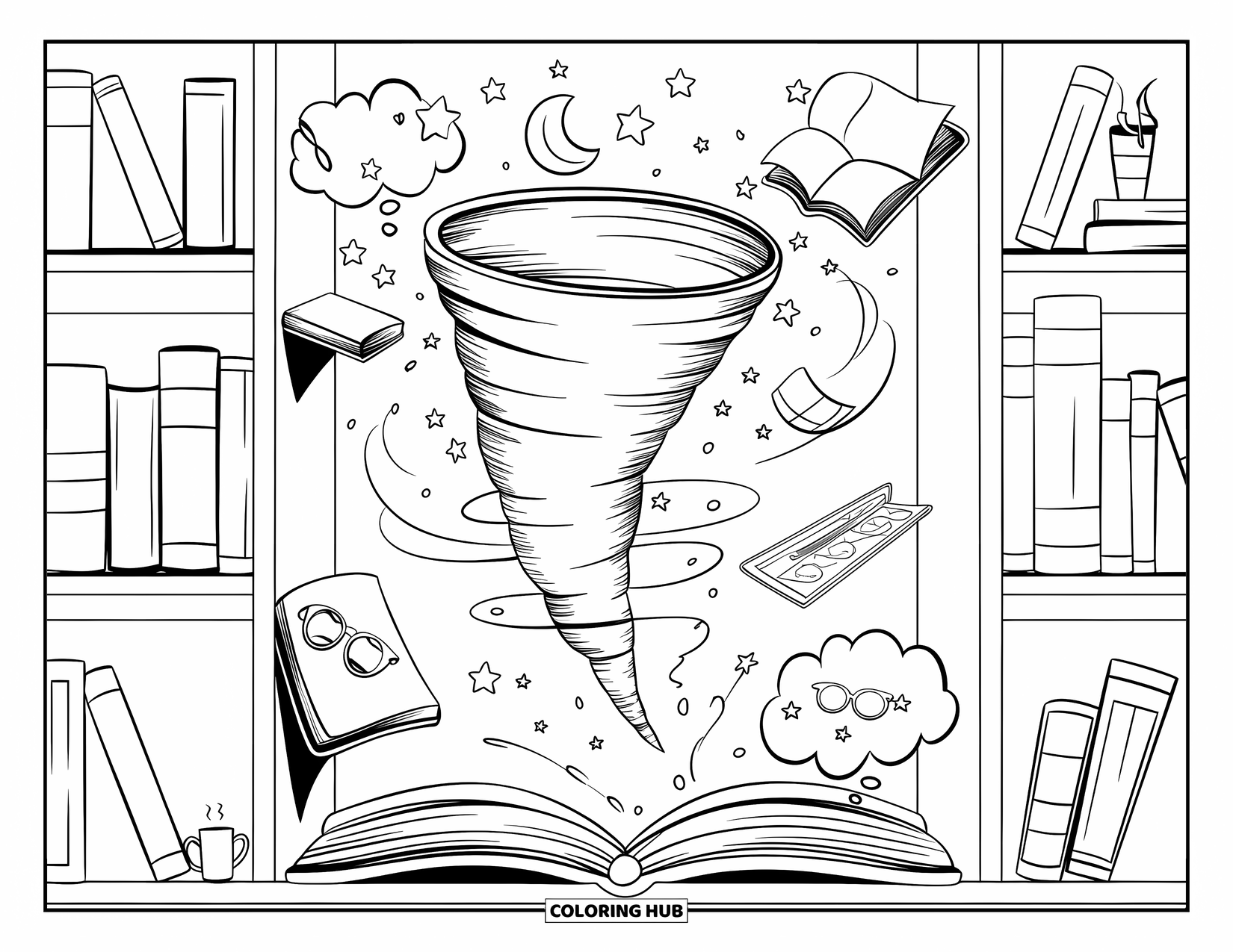 Tornado Coloring Page for Adults: A tornado swirls gently in a quiet reading nook, stirring books and floating dream icons