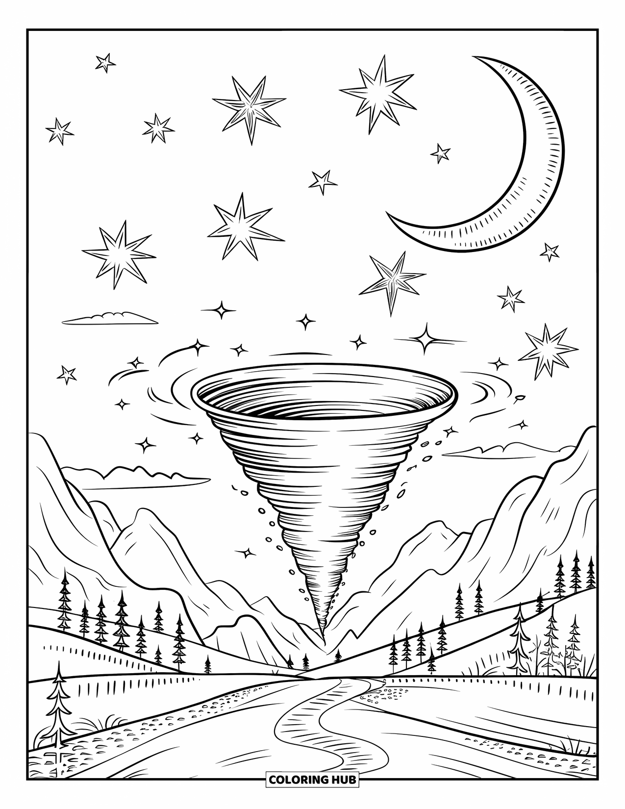 Tornado Coloring Page for Adults: A tornado swirls under a crescent moon with stars and trees surrounding a quiet path