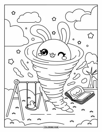 Tornado Coloring Page for Adults: A tornado with bunny ears lifts a swing, rubber duck, and book over a playground