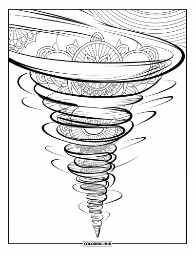 Tornado Coloring Page for Adults: A tornado with layered mandala designs swirls upward in a peaceful, open setting