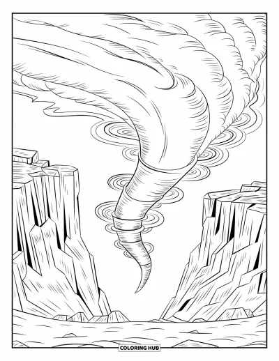 Tornado Coloring Page for Adults: A twisting tornado with swirling winds moves between rugged cliffs in a vast, rocky terrain
