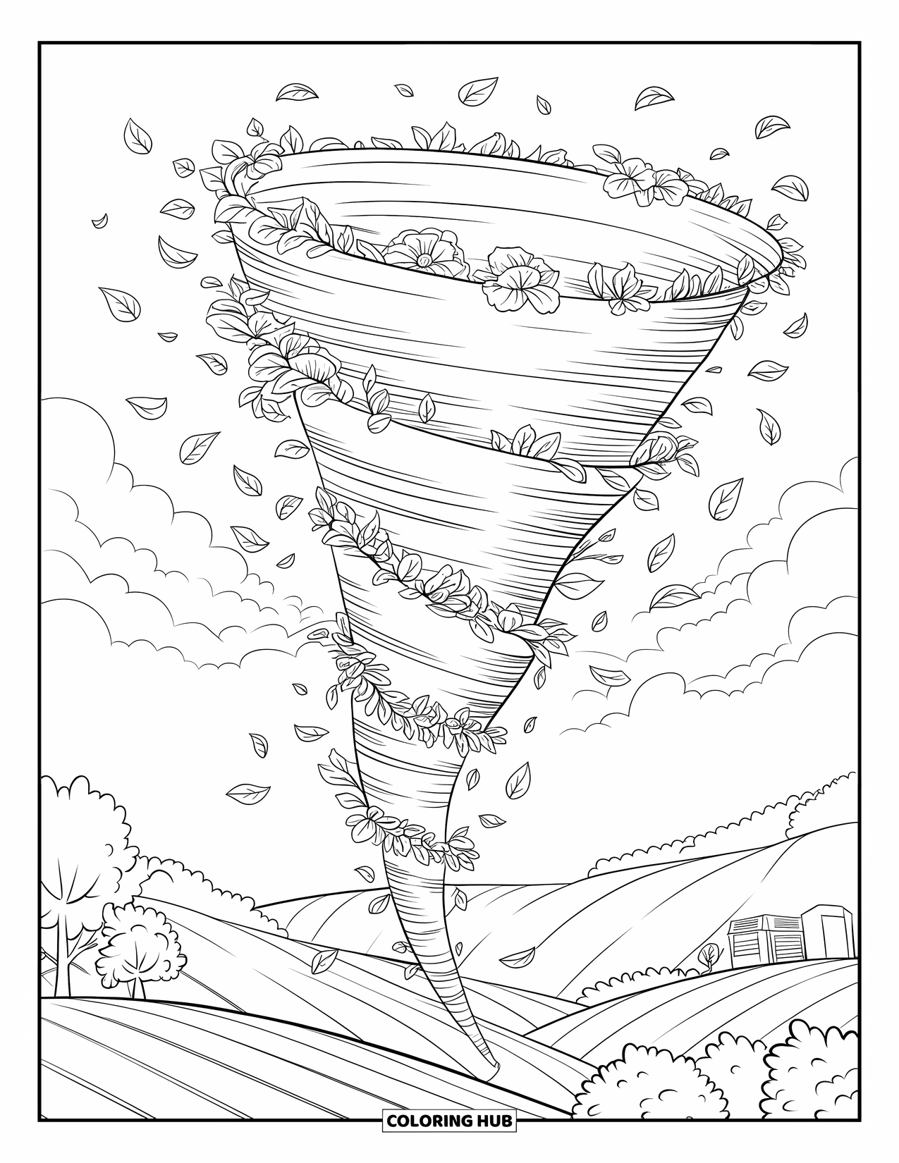 Tornado Coloring Page for Adults: Floral petals and vines twist into a tornado above rolling hills and distant buildings