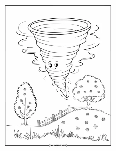 Tornado Coloring Page for Kids: A cheerful tornado with a face spins above a hill with wildflowers and a wooden fence