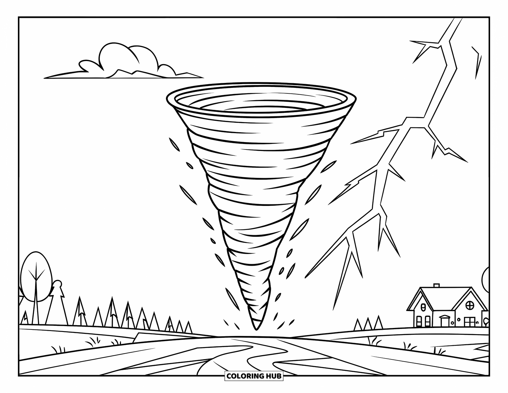 Tornado Coloring Page for Kids: A clear-path tornado swirls near trees and a house under a sky with lightning