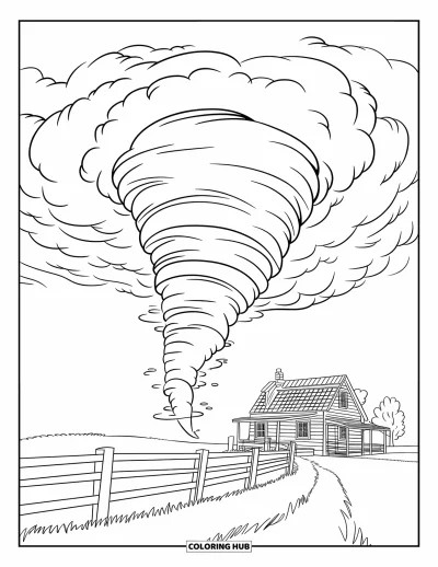 Tornado Coloring Page for Kids: A dark-cloud tornado spins beside a farmhouse in a wide, open field with trees