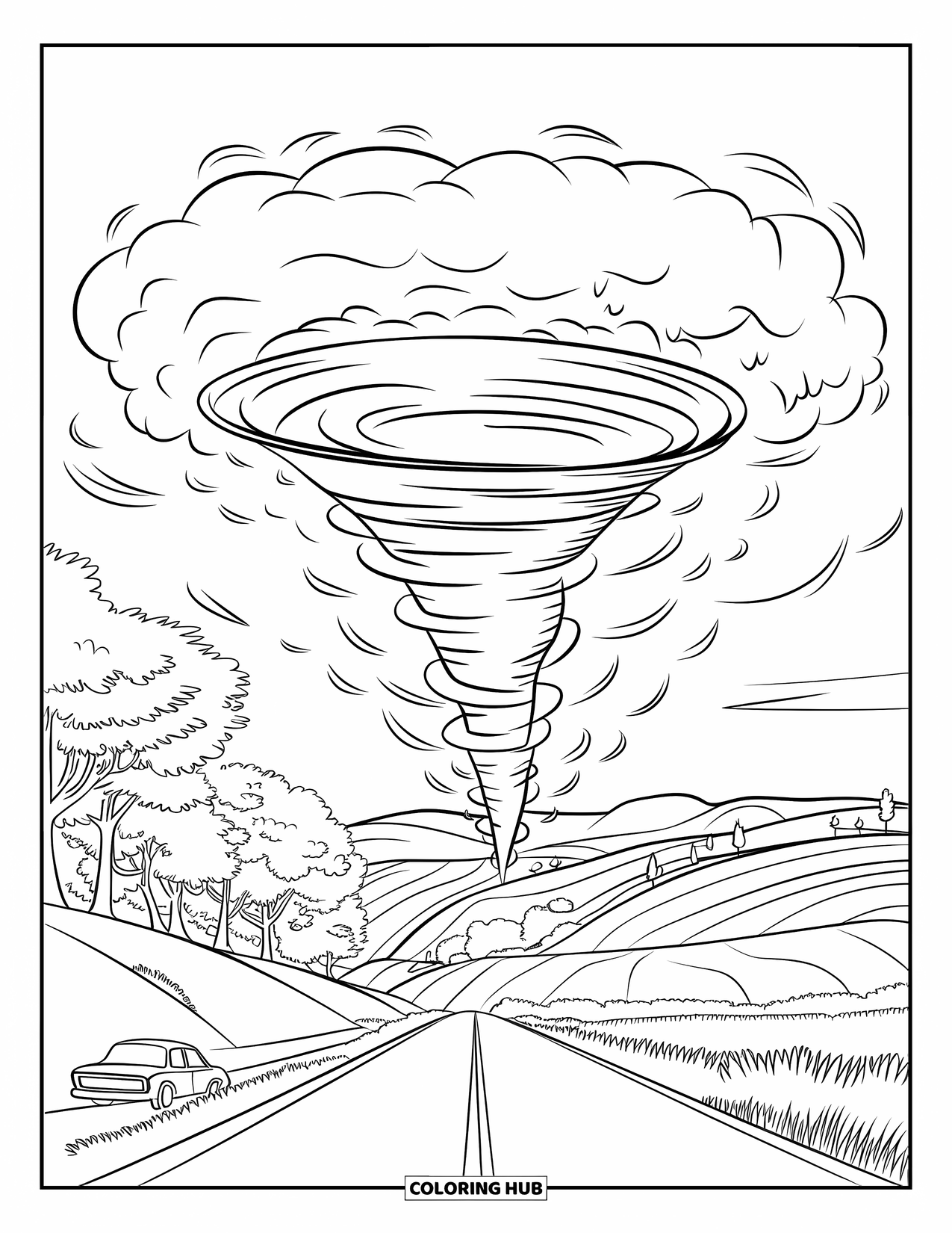 Tornado Coloring Page for Kids: A dark funnel cloud touches down near a country road with hills, trees, and parked cars