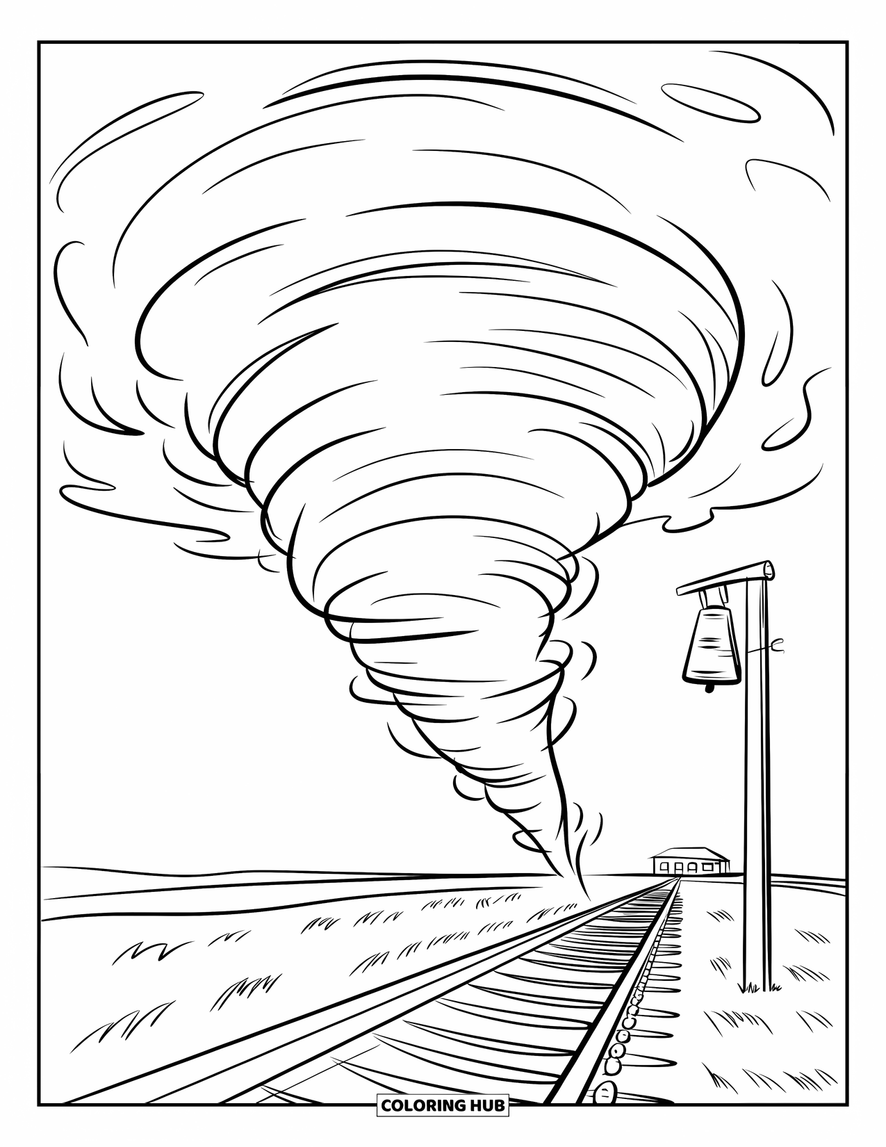 Tornado Coloring Page for Kids: A dark tornado spins near tracks and a weather siren, stretching toward a distant building