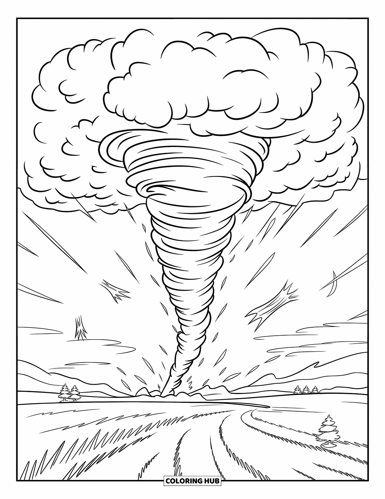 Tornado Coloring Page for Kids: A dark tornado touches down in a prairie, tossing tree limbs across a vast landscape